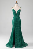 Robe de bal longue à paillettes perlées vert foncé scintillant avec fente