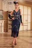 Paillettes frangées bleues scintillantes des années 1920 robe clapet avec perles