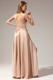 Robe de bal longue en satin champagne avec fente
