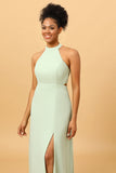 Une robe de demoiselle d’honneur longue de ligne Halter Dusty Sage avec dos ouvert