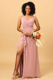 Une ligne de bretelles spaghetti Blush Robe de demoiselle d’honneur longue avec front fendu