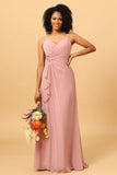 Une ligne de bretelles spaghetti Blush Robe de demoiselle d’honneur longue avec front fendu
