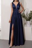 Robe de bal longue en satin champagne avec fente