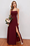 Burgundy Spaghetti Straps Longue Robe de demoiselle d’honneur avec Split