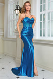 Robe longue Corset bleu scintillant avec fente