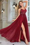 Robe de soirée en tulle long tulle perlé bordeaux scintillante avec fente