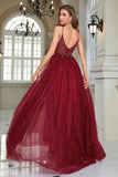 Robe de soirée en tulle long tulle perlé bordeaux scintillante avec fente