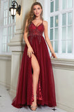 Robe de soirée en tulle long tulle perlé bordeaux scintillante avec fente
