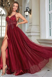 Robe de soirée en tulle long tulle perlé bordeaux scintillante avec fente