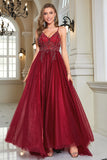 Robe de soirée en tulle long tulle perlé bordeaux scintillante avec fente