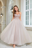 Glitter Blush A-Line Tulle Long soirée Robe avec dentelle